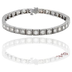 Vintage 18K 750 White Gold Natural Diamond Engraved & Milgrain Tennis Bracelet