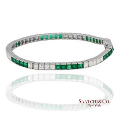 Platinum 950 Custom Made Natural Diamond and Emerald Bezel Tennis Bracelet