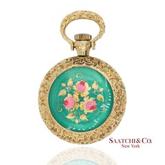 18K 750 Yellow Gold Enamel Pocket Watch Pendant Necklace