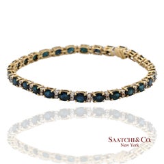 18K 750 Yellow Gold Natural Diamond and Blue Sapphire Tennis Bracelet