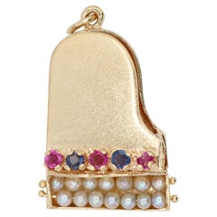 Vintage 14K Solid Yellow Gold Pearl and Multicolor Gemstone Piano Charm Pendant