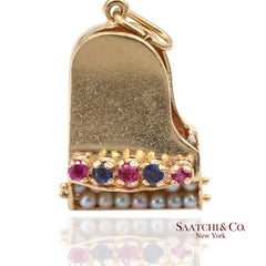 Vintage 14K Solid Yellow Gold Pearl and Multicolor Gemstone Piano Charm Pendant
