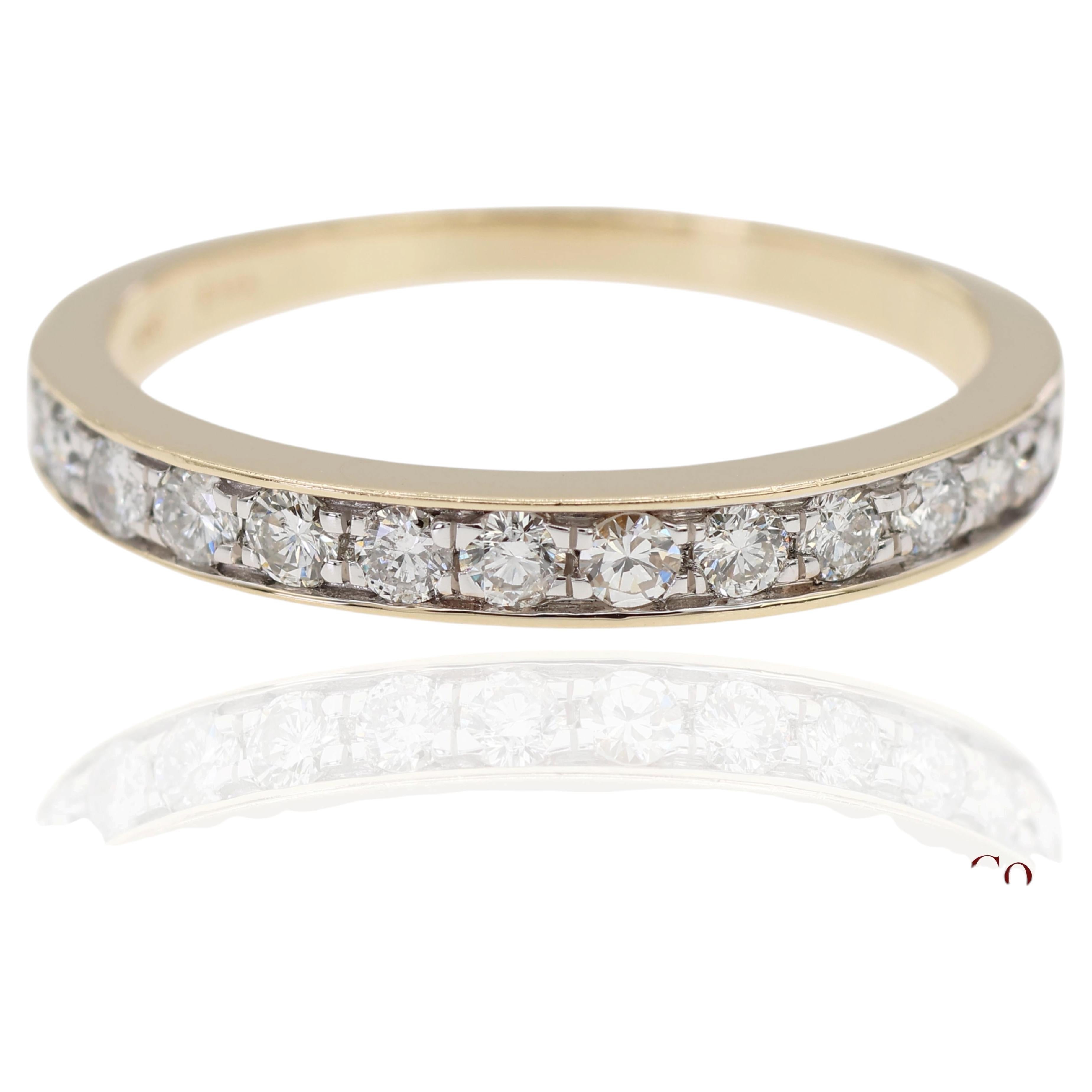 14K 585 Solid Yellow Gold Natural Diamond Band Ring