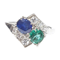 Antique Emerald Sapphire Diamond Platinum Ring