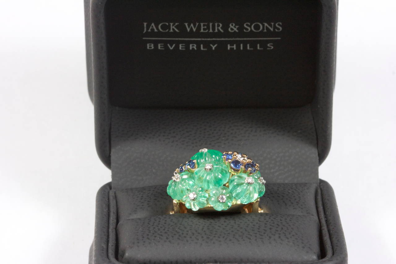 Carved Emerald Sapphire Diamond Gold Ring 1
