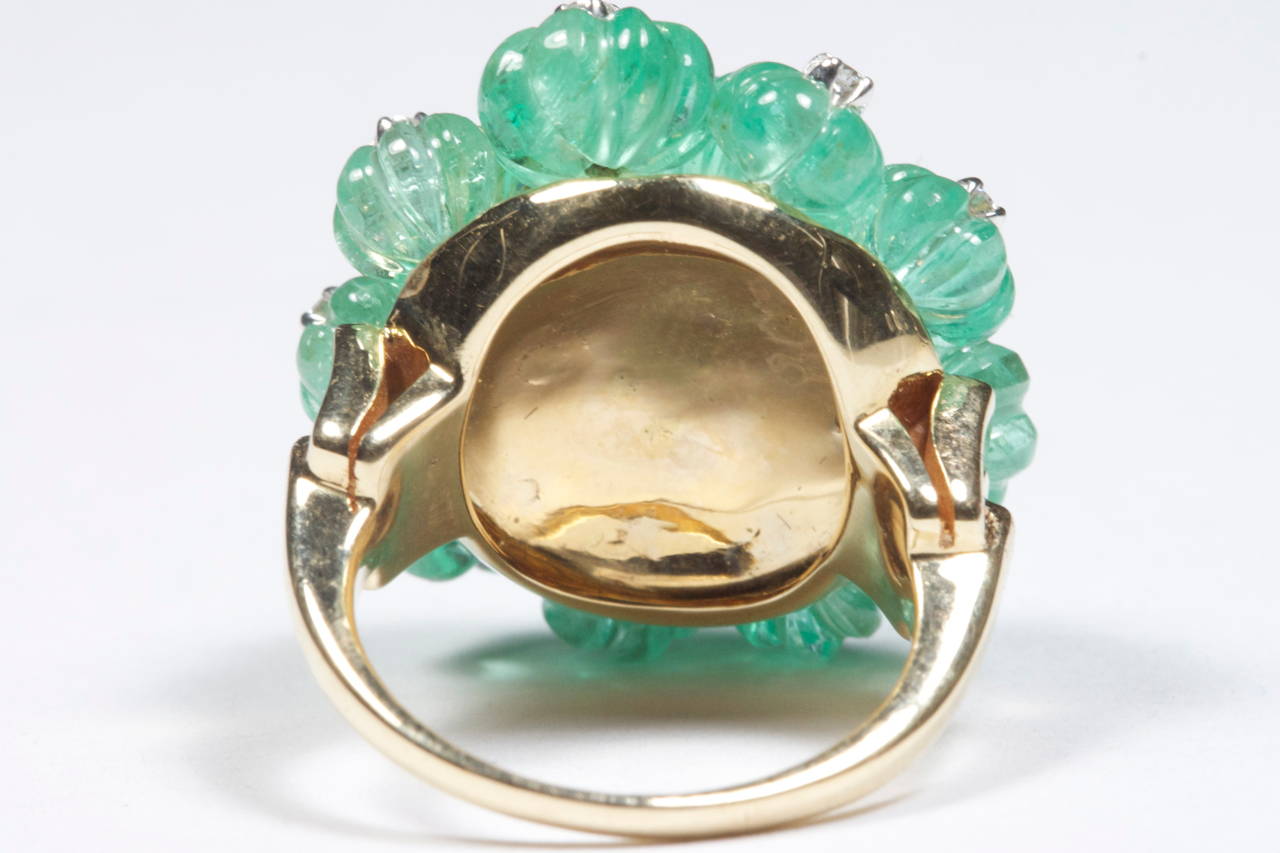 Women's Carved Emerald Sapphire Diamond Gold Ring