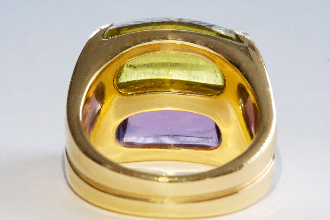 Modern Bulgari Peridot Amethyst Gold Ring