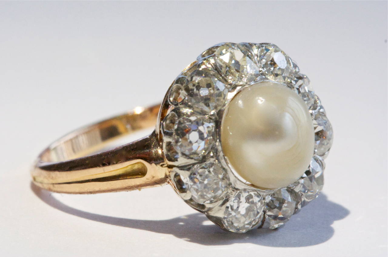 Elegance with a understated and feminine design defines what Edwardian jewelry is known for. On display we have one of the original halo designs that has become so popular in the modern era. The center pearl is accompanied with a GIA certificate