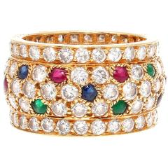 Cartier Nigeria Wide Emerald Ruby Sapphire Diamond Gold Band Ring