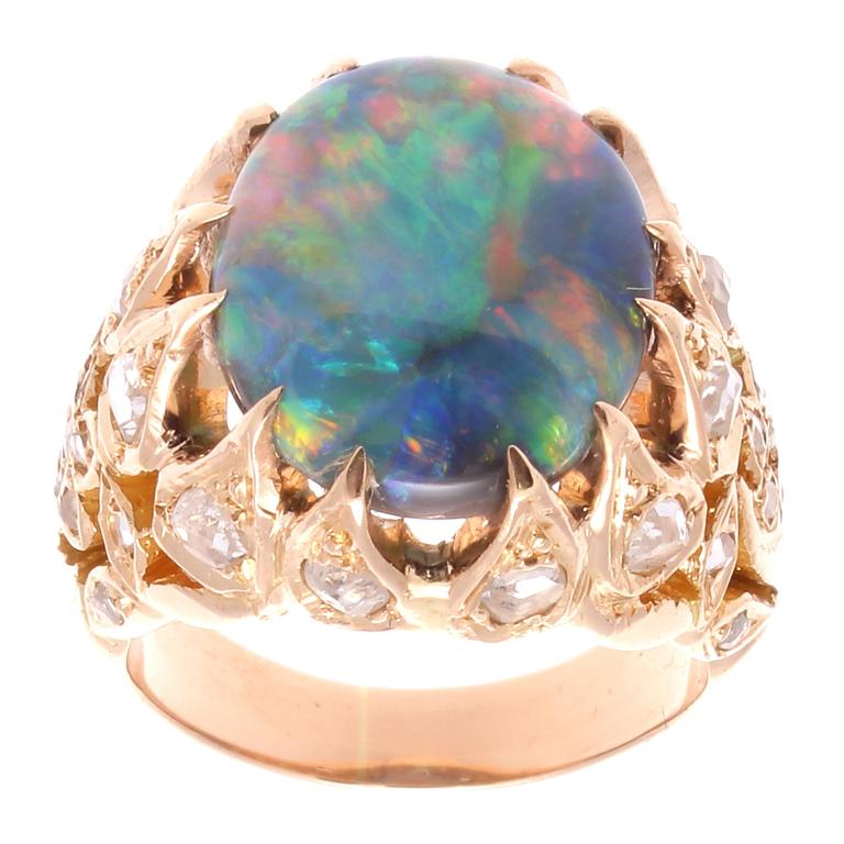 Belle Epoque French Black Opal Diamond Gold Ring at 1stDibs