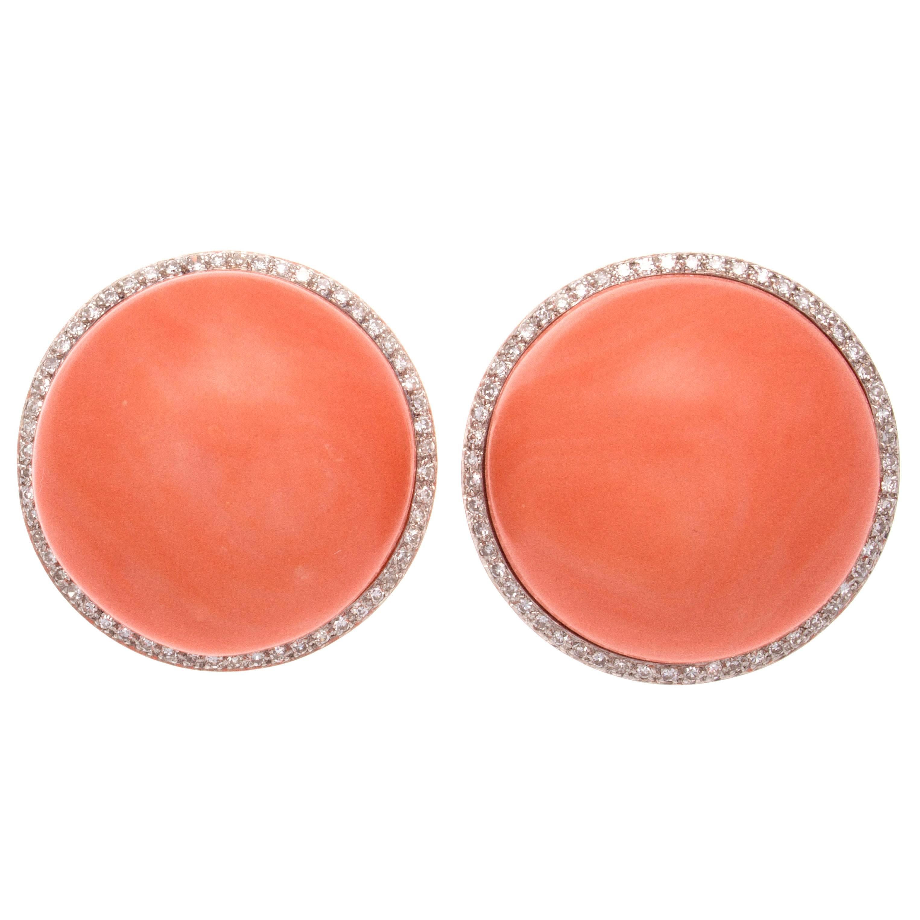 Large Coral Diamond Gold Earrings
