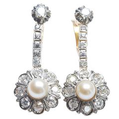 Art Deco Natural Pearl Diamond Platinum Gold Earrings