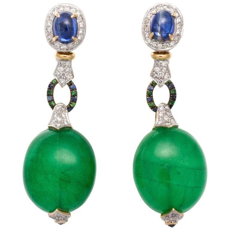 Large Green Quartz Sapphire Diamond Gold Platinum Earrings
