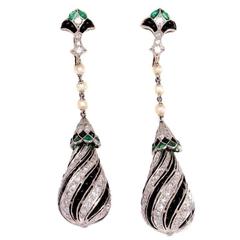 Onyx Diamond Emerald Platinum Earrings