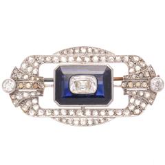 French Art Deco Sapphire Diamond Platinum Brooch