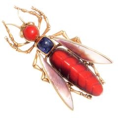 Retro Coral Sapphire Gold Insect Brooch