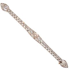 Large Art Deco Natural Pearl Diamond Platinum Bar Pin