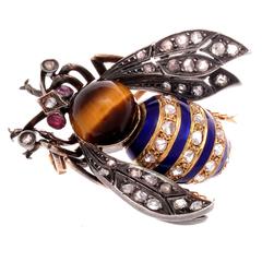 Antique Art Nouveau Enamel Tiger Eye Ruby Diamond Silver Gold Bumble Bee Brooch