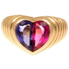 Vintage Bulgari Two Stone Heart Gold Ring