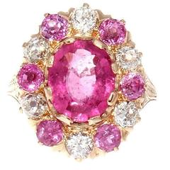 Antique French Belle Epoque Vivid Pink Rubelite Sapphire Diamond Gold Ring