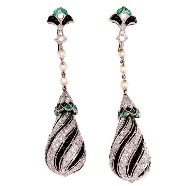 Onyx Diamond Emerald Platinum Earrings at 1stDibs