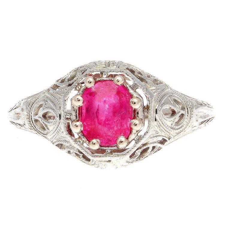 Art Deco Pink Sapphire Diamond Gold Engagement Ring
