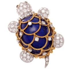 Hammerman Lapis Diamond Sapphire Gold and Platinum Turtle Brooch