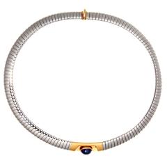 Vintage Bulgari Tubogas Sapphire Gold Stainless Steel Necklace