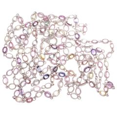 Vintage Long Multicolored Sapphire Diamond Gold Necklace