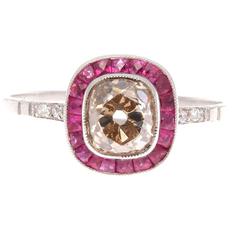 Vintage Old Mine Champagne Colored Diamond Ruby Platinum Engagement Ring