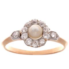 French Art Deco Natural Pearl Diamond Gold Platinum Ring