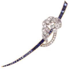 Elegant French Art Deco Sapphire Diamond Gold Brooch