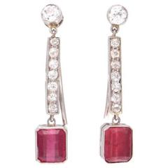 French Art Deco Ruby Diamond Platinum Earrings