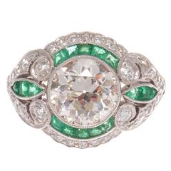 Old European Cut 2.05 Carat Diamond Emerald Platinum Engagement Ring