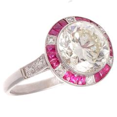 Old European Cut 2.81 Carat Diamond Ruby Platinum Engagement Ring