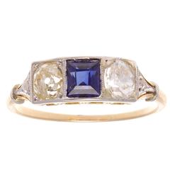 French Art Deco Sapphire Diamond Three Stone Gold Platinum Ring