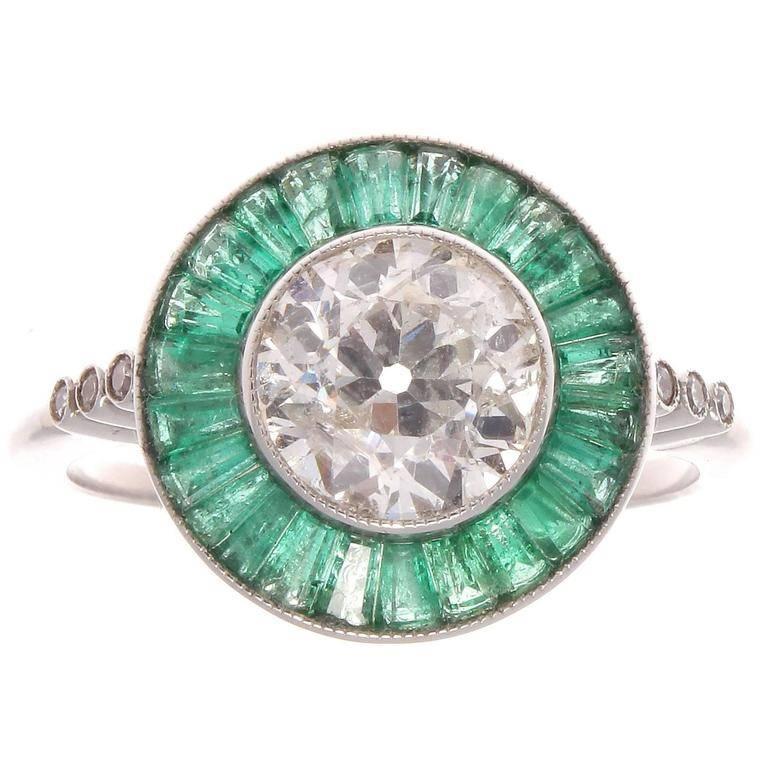 Old European Cut 1.53 Carat Diamond Emerald Platinum Engagement Ring