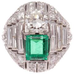 Art Deco Emerald Diamond Platinum Ring