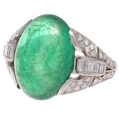 Art Deco Cabochon Emerald Diamond Platinum Ring 4
