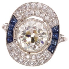 Old European 2.55 Carat Diamond Sapphire Platinum Engagement Ring