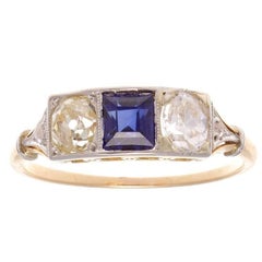 French Art Deco Sapphire Diamond Three-Stone Gold Platinum Ring