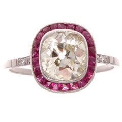 1.64 Carat Old Cushion Cut Diamond Ruby Platinum Engagement Ring