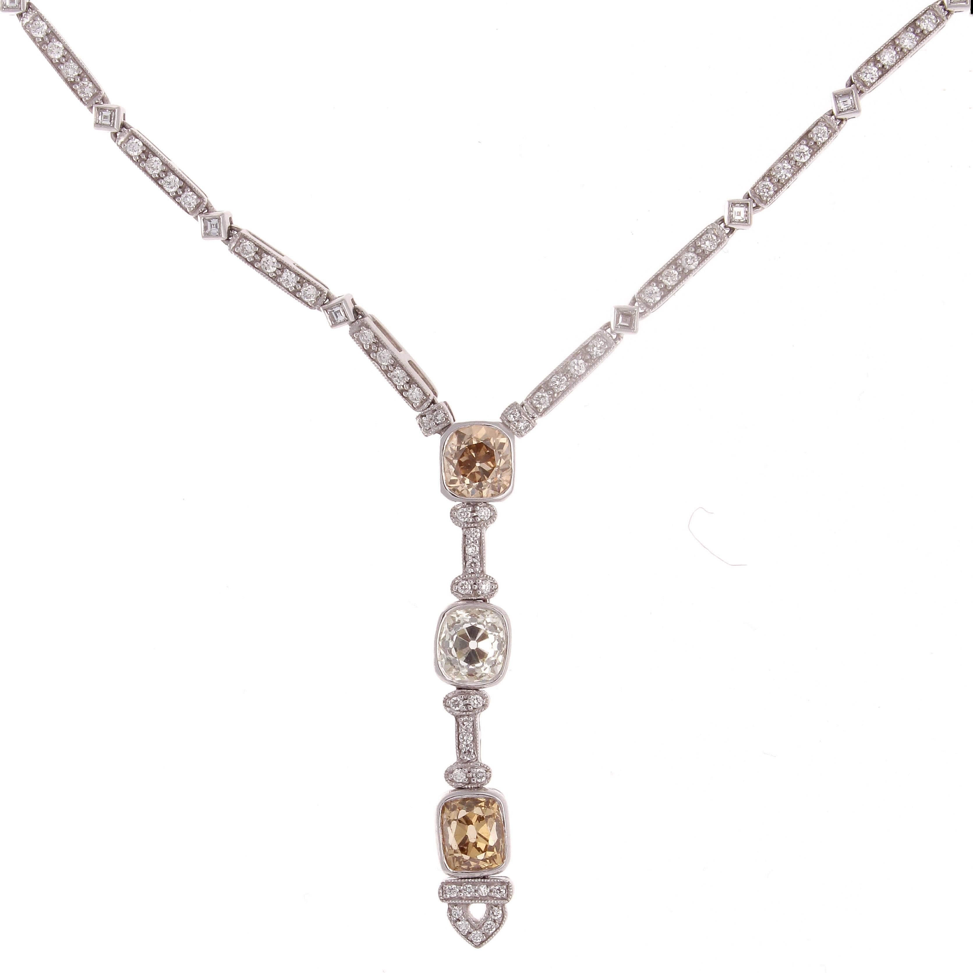 A beautifully articulated idea crafted into reality. Sophia D intertwines modern techniques but stays true to their inspiration which comes from the timeless designs of the art deco time period. 

The diamond filled necklace elegantly drops in to