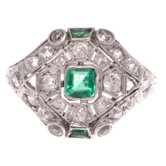 Art Deco Emerald Diamond Platinum Ring