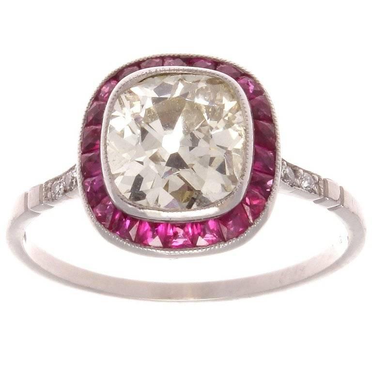 1.64 Carat Old Cushion Cut Diamond Ruby Platinum Engagement Ring