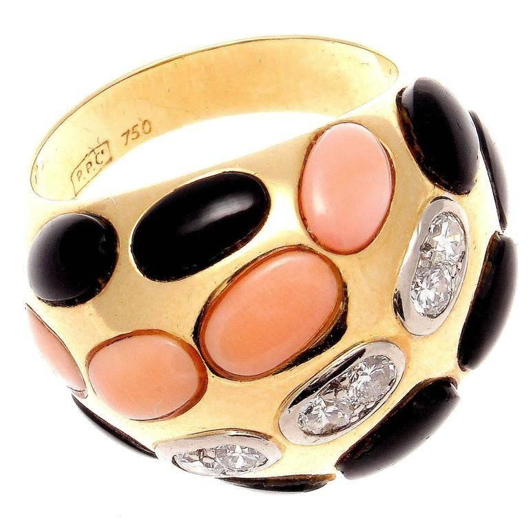 Coral Diamond Onyx Gold Dome Ring