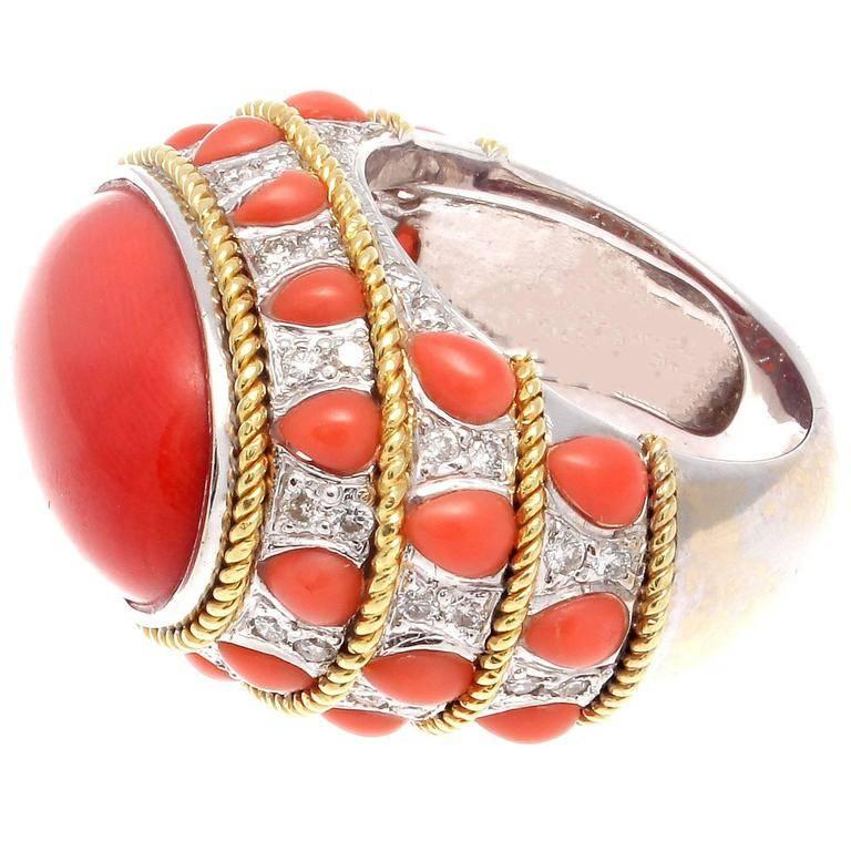 Coral Diamond Gold Cocktail Ring