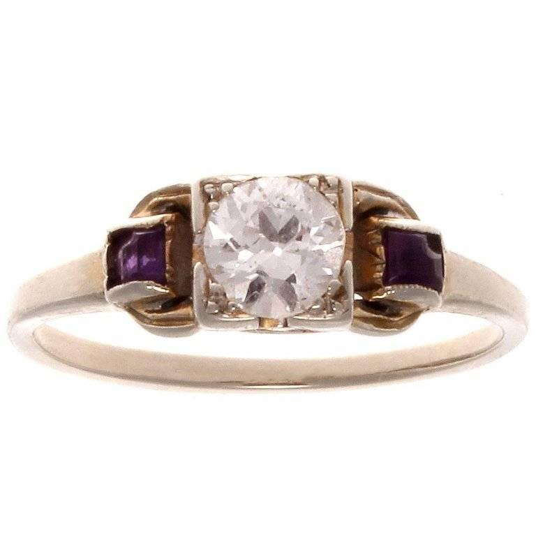 Art Deco Diamond Amethyst Gold Engagement Ring