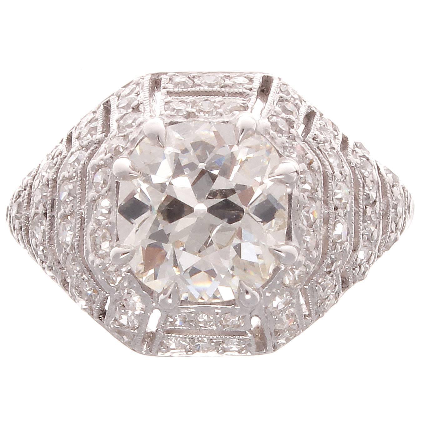 French Art Deco 2.13 Carat Cushion Cut Diamond Platinum Engagement Ring
