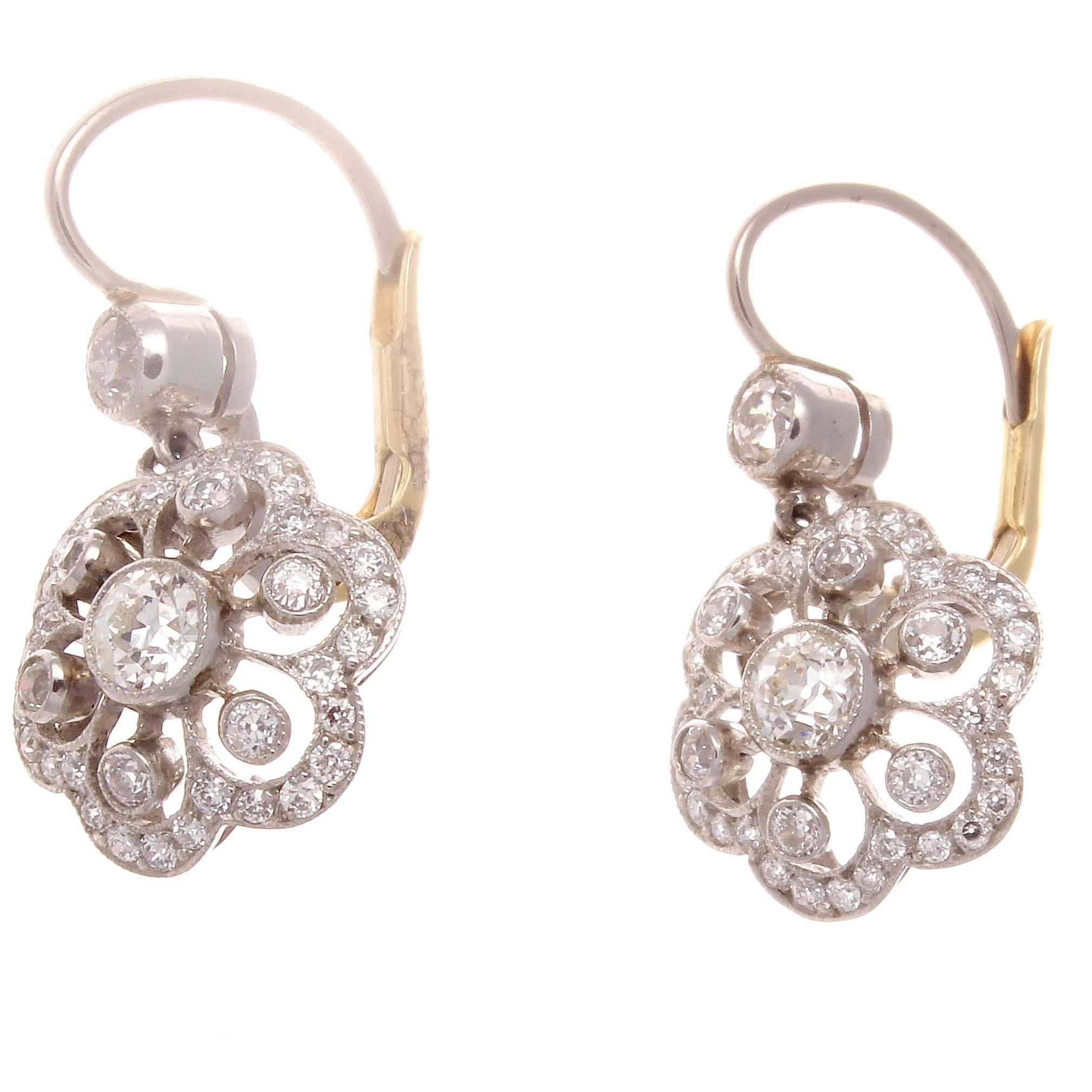 Flower Motif Diamond Gold Platinum Earrings